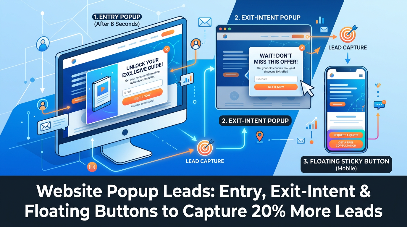 Website on laptop with three popup types entry after 8 seconds exit-intent and floating button India