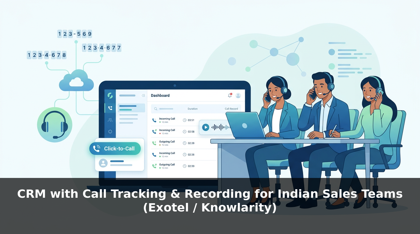 Indian sales team headsets with CRM dashboard showing call logs duration recording waveform