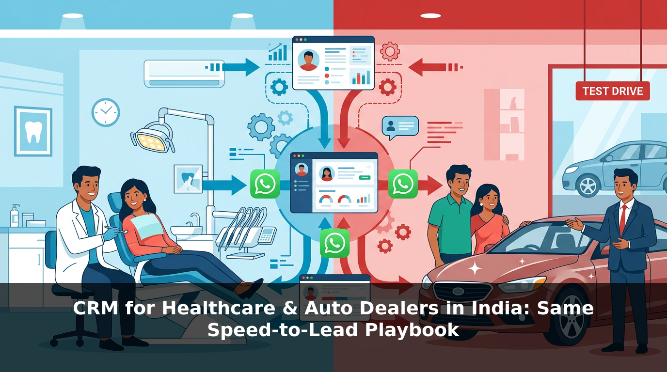 Split dental clinic patient and auto showroom test drive connected by CRM WhatsApp hub India