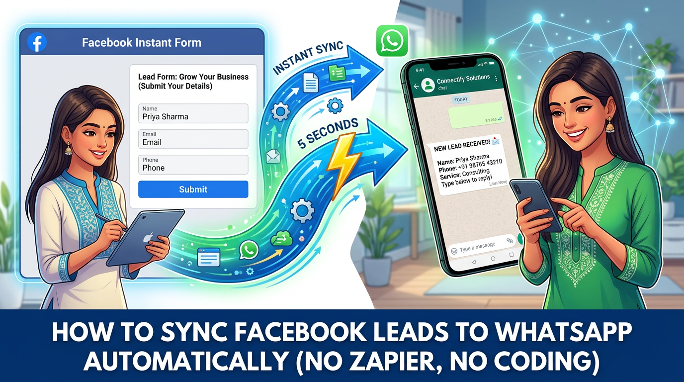 Flow diagram showing Facebook Instant Form webhook syncing to WhatsApp Business API in India in 5 seconds