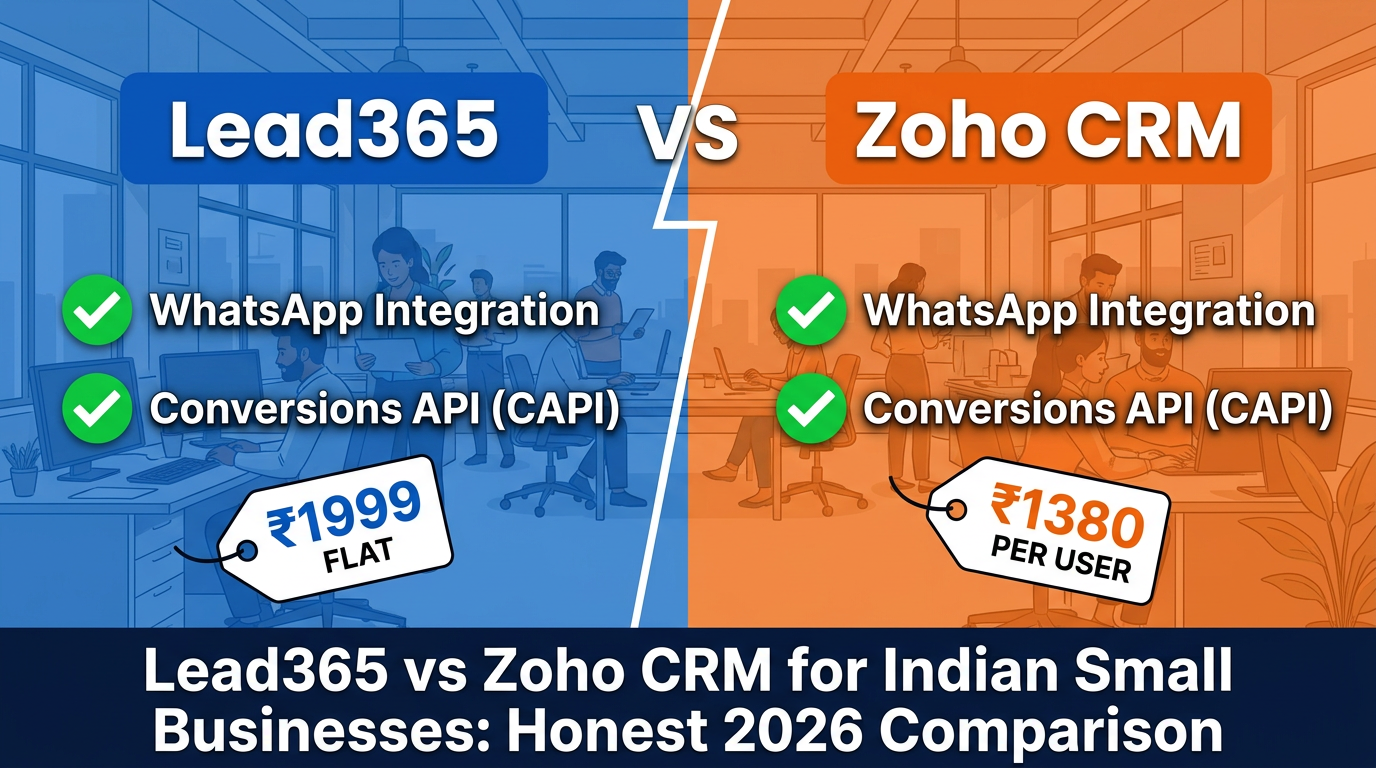 Feature comparison table 15 rows Meta 2-sec sync WhatsApp native Zoho add-on India