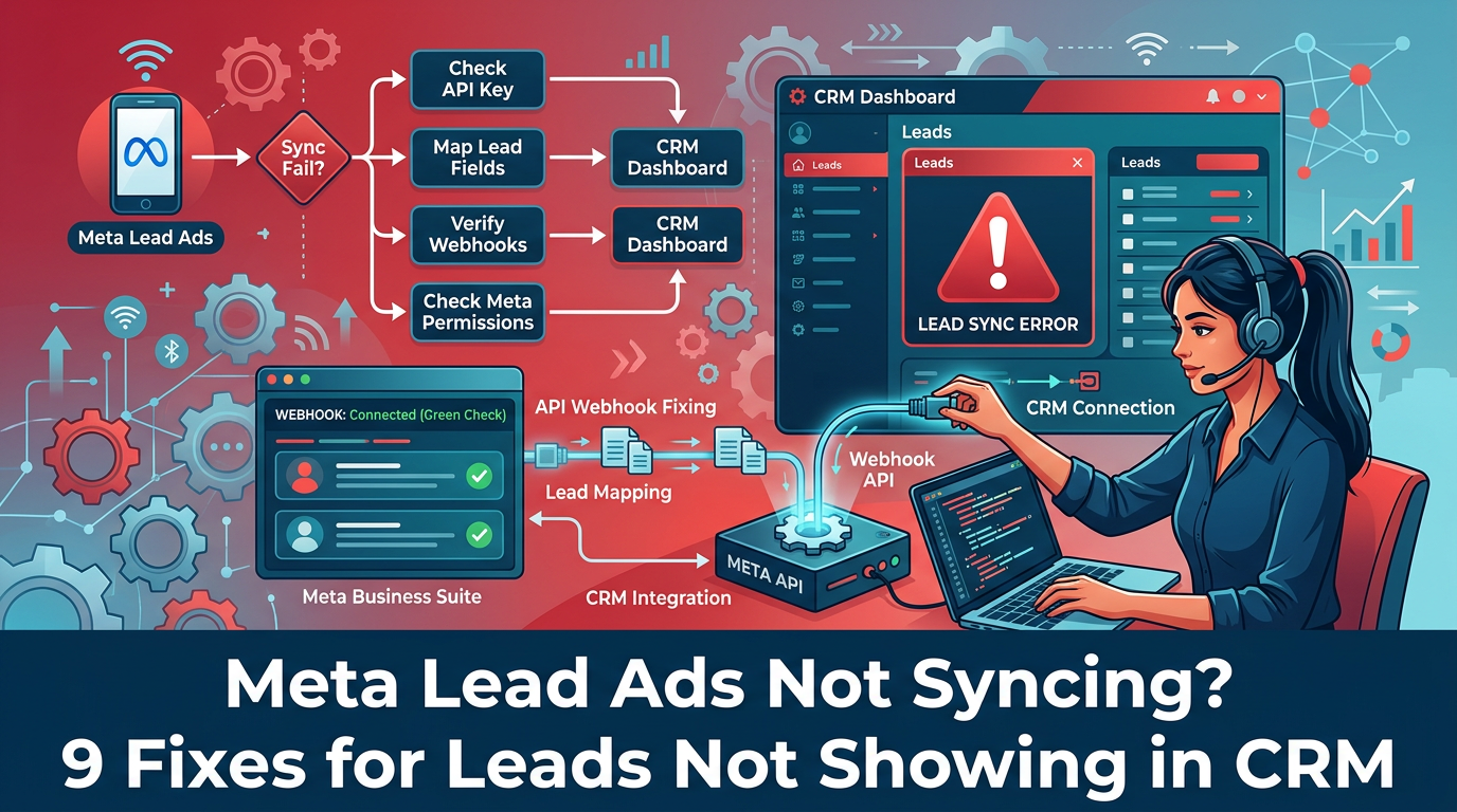Flowchart diagnosing why Facebook leads not syncing to CRM India — token, form, webhook checks