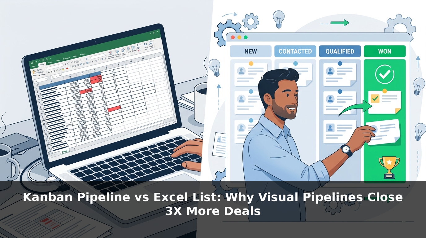 Laptop with messy Excel rows 500 leads vs clean kanban board New Contacted Qualified Won