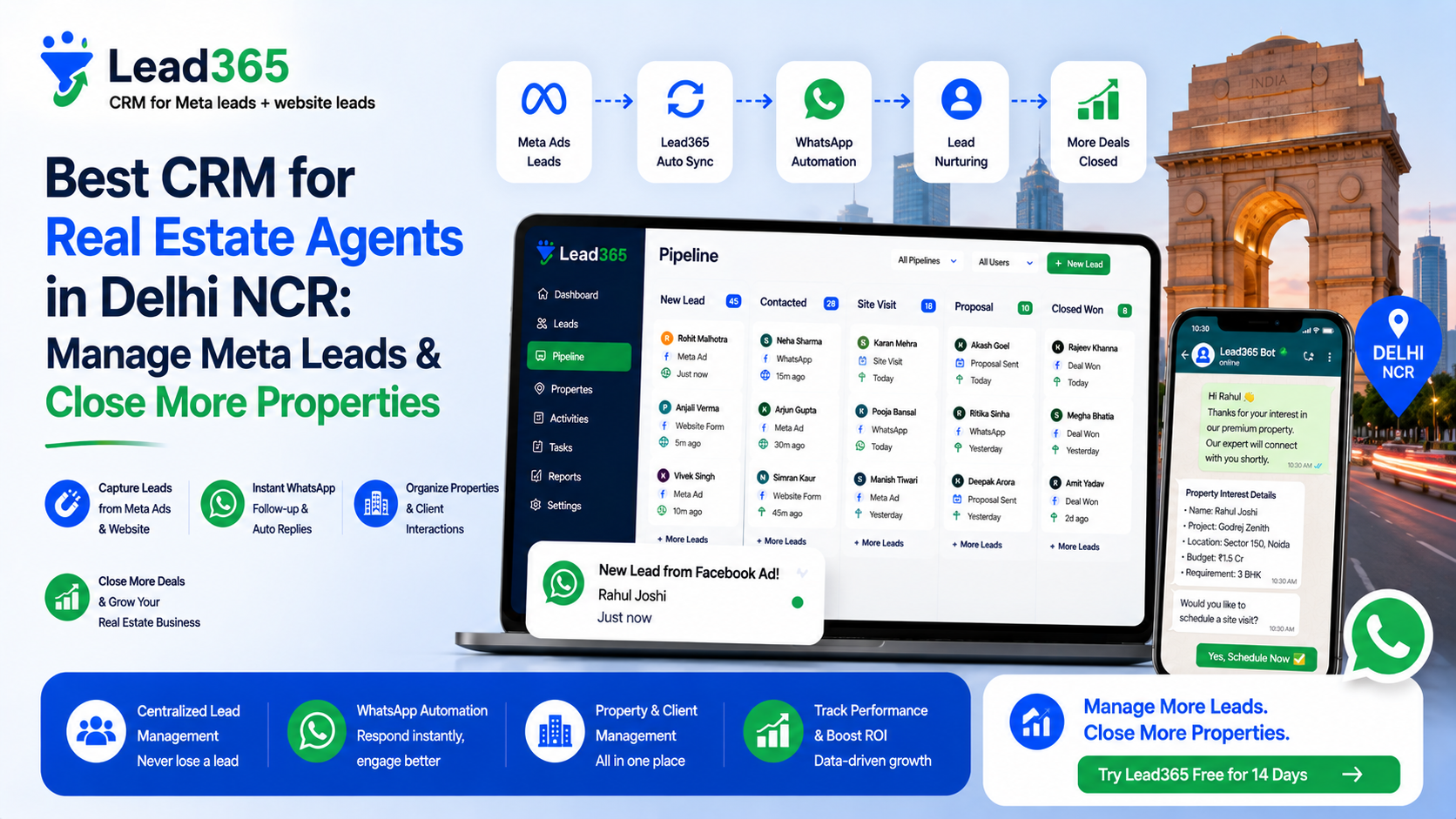 Losing property leads in Delhi? Discover how Lead365, the best CRM for real estate Delhi agents, automates Meta leads and WhatsApp follow-ups in Gurgaon & Noida.