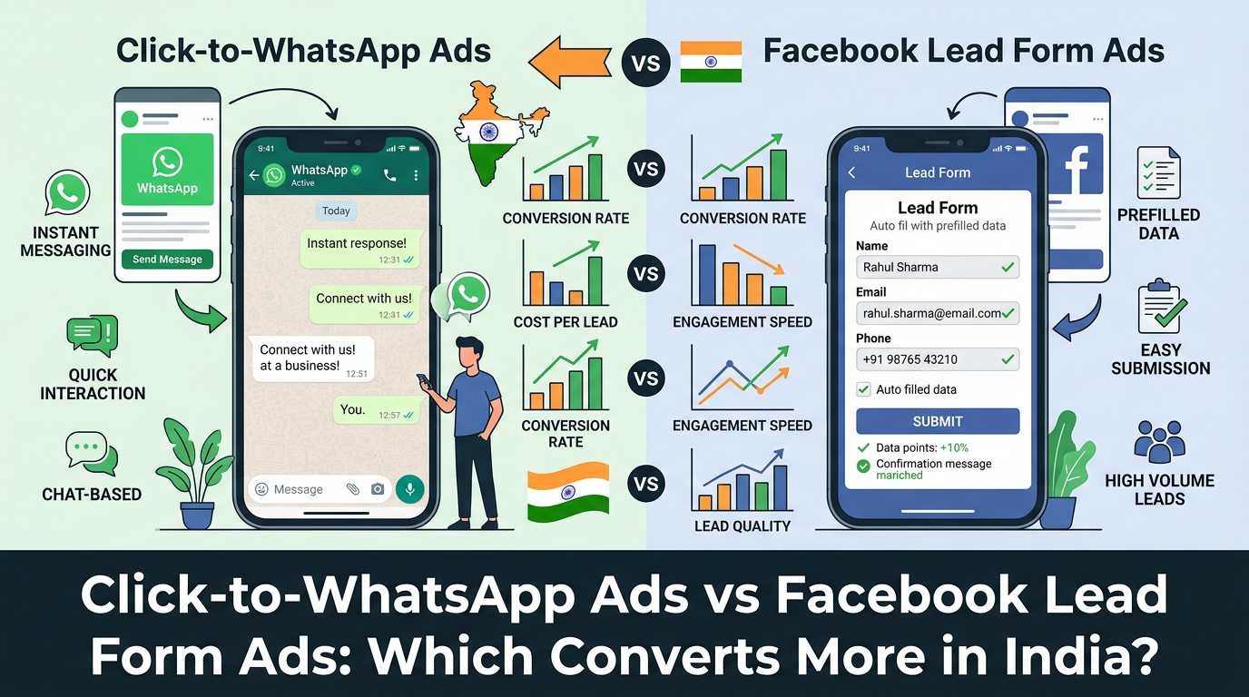 Split illustration left click-to-WhatsApp chat instant right Instant Form with prefilled phone India