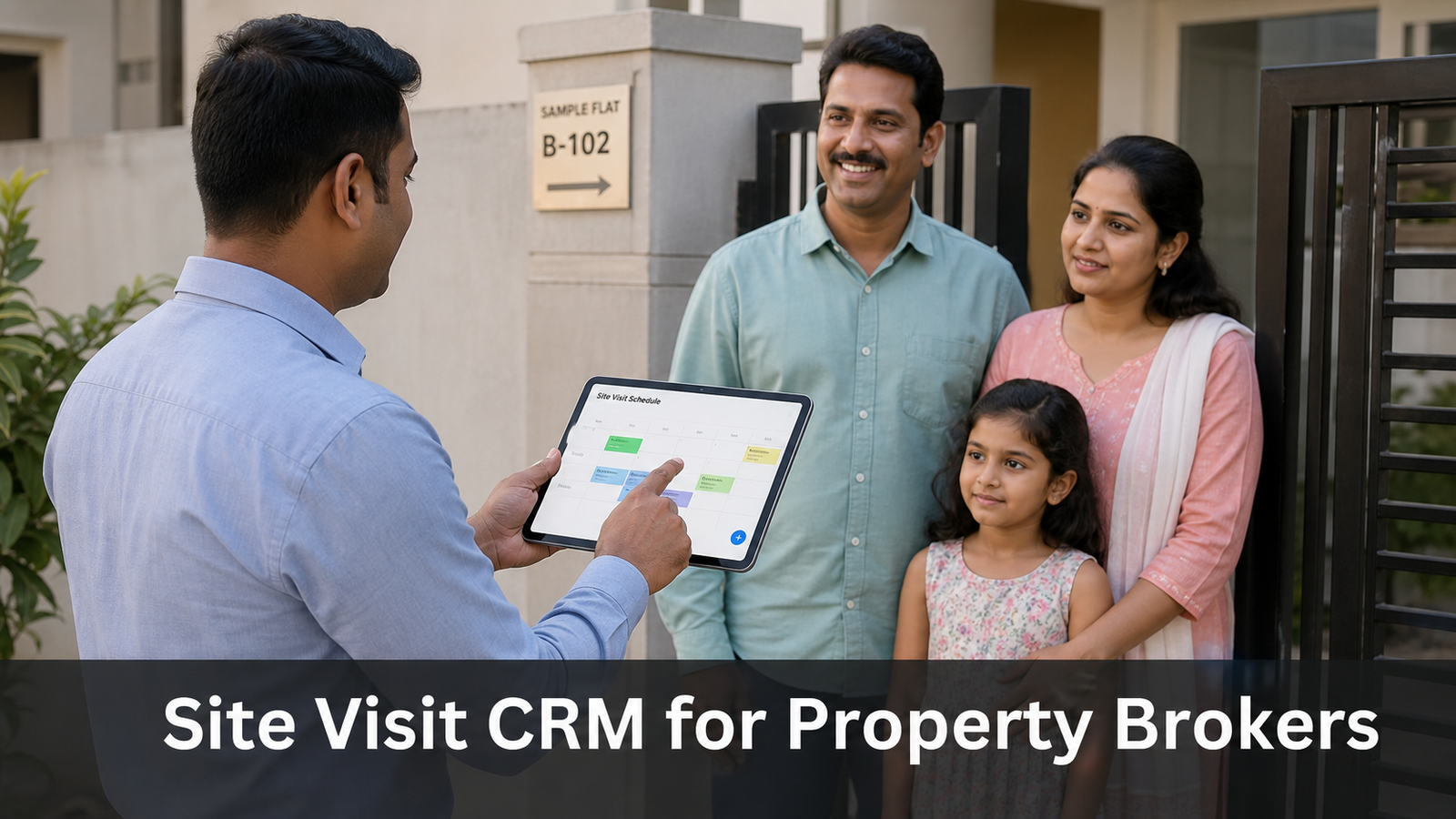 Property site visit reminder on WhatsApp and CRM calendar for Indian broker